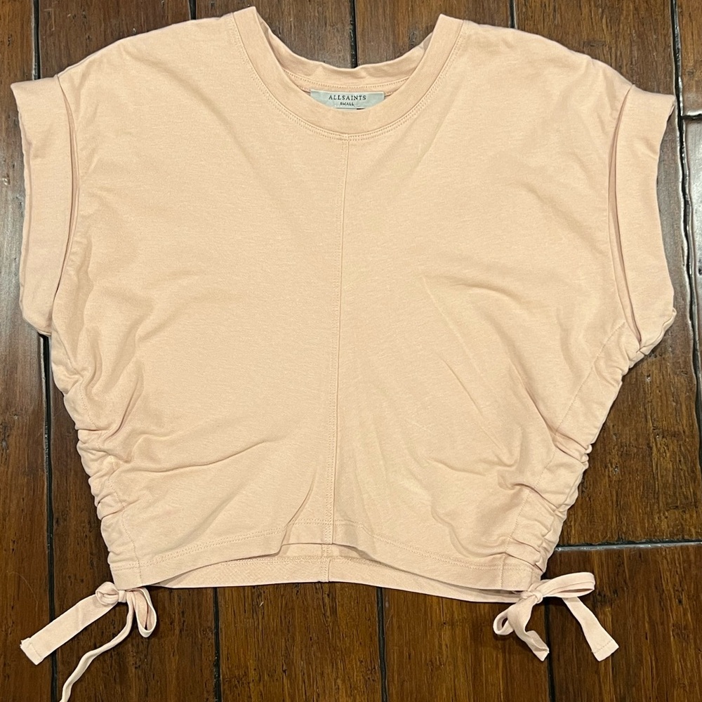 Allsaints Mira Tee Cropped Shirt Womens Small Dusty Pink  Side Tie Ruched Top